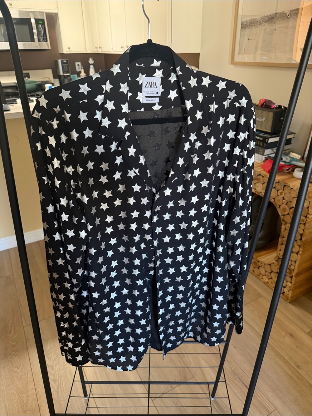 ZARA Man Black Metallic Silver Foil Star Print Party Shirt Regular Fit USA XL